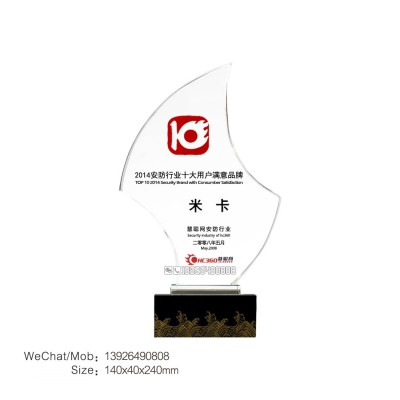 年度安防行业十大用户满意品牌奖杯行业协会表彰奖杯定做水晶奖杯